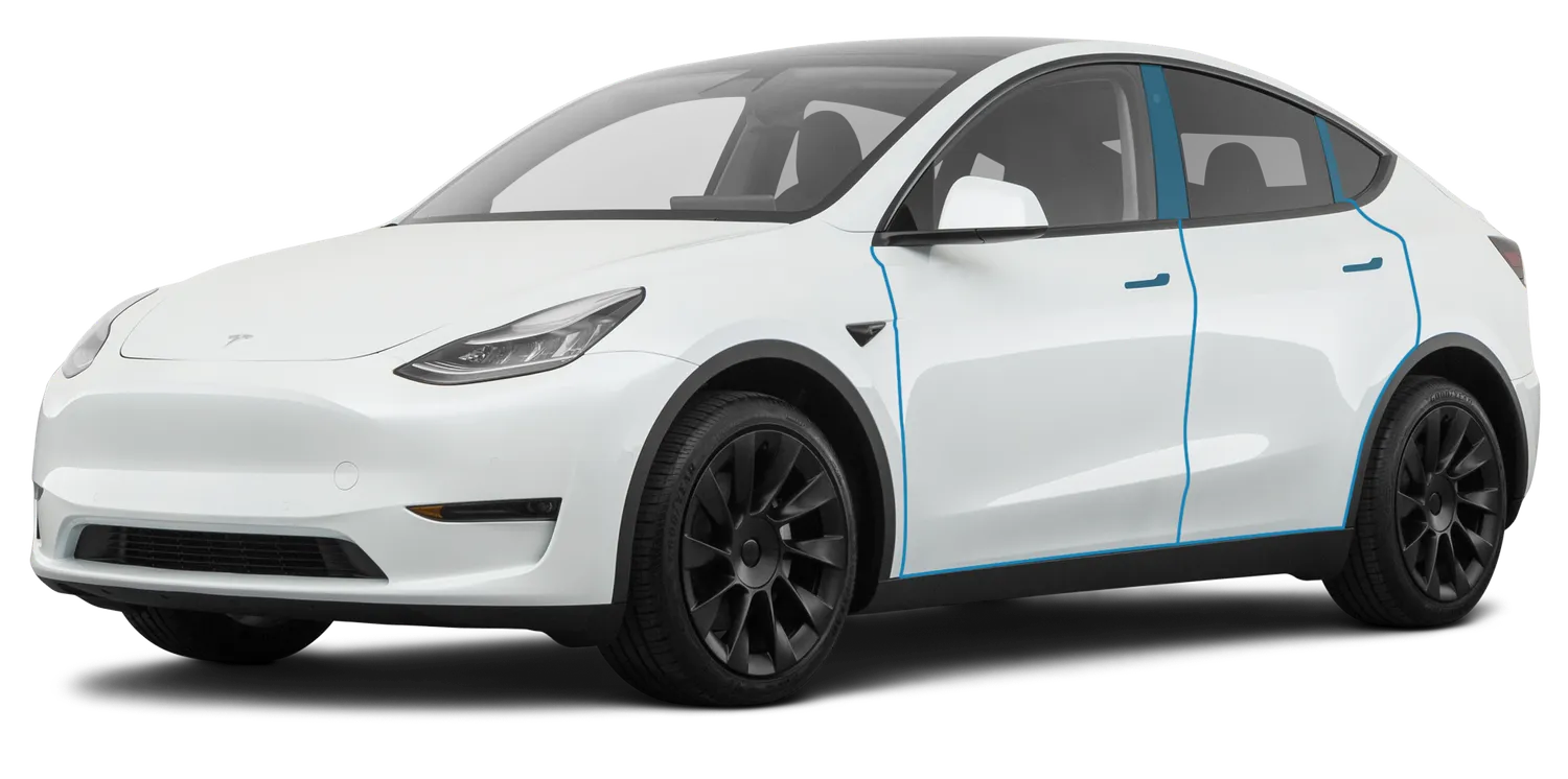 White Tesla Model Y with blue lines highlighting its windows, doors, and roof.