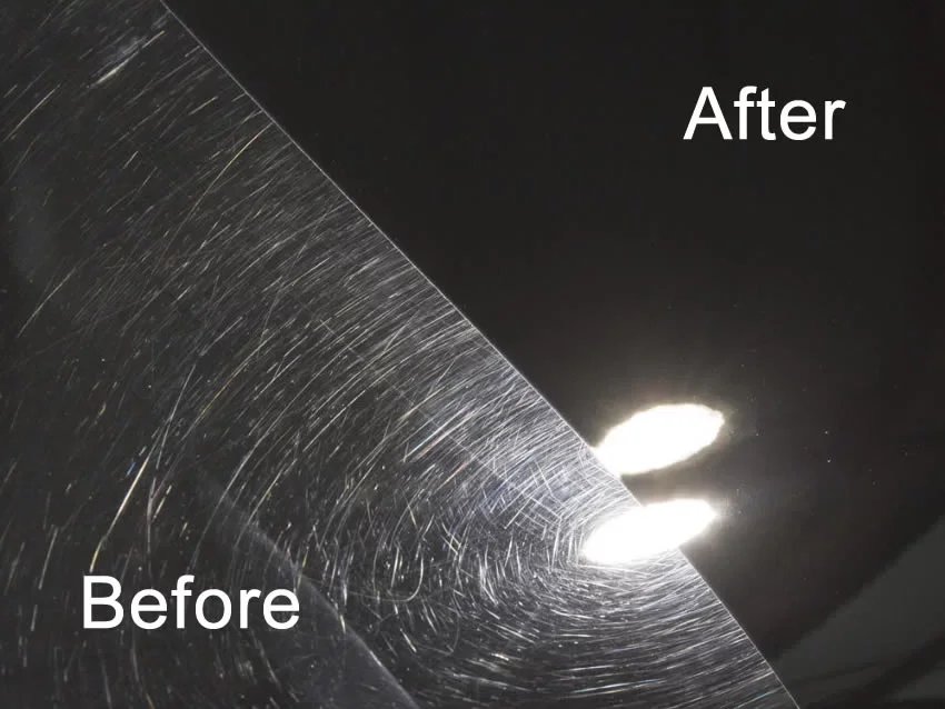 Comparison of a scratched glass surface before and after cleaning, showing significantly fewer scratches after cleaning.