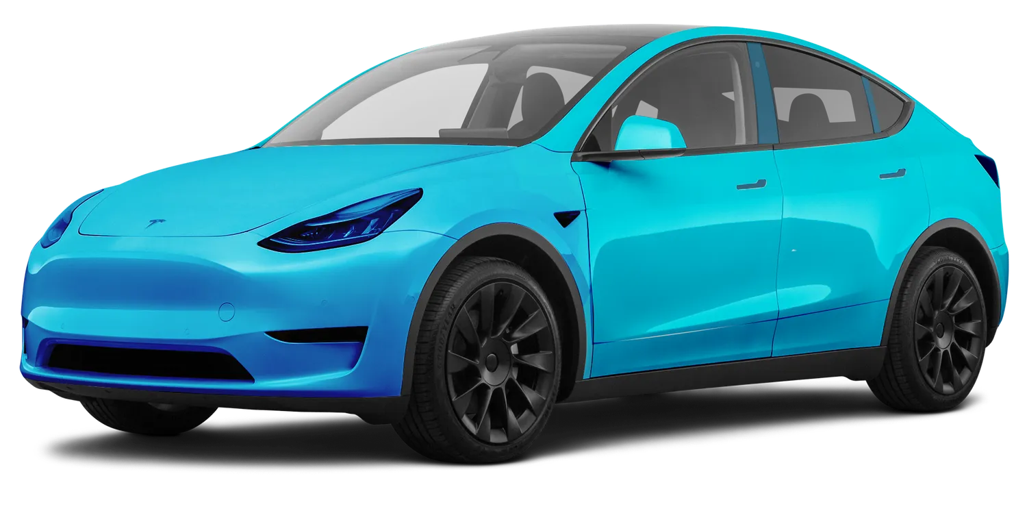 A blue Tesla Model 3 electric car front and side view