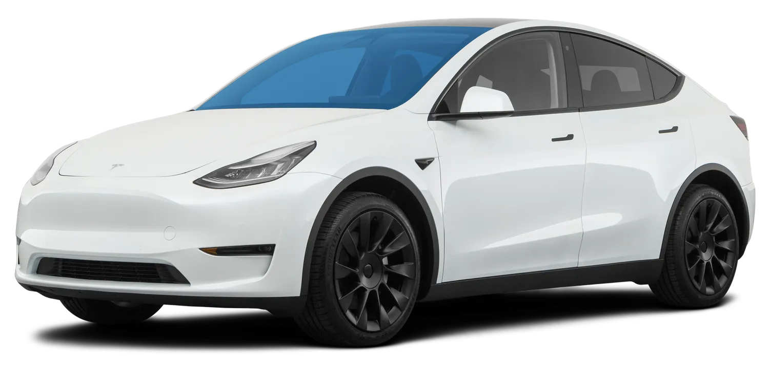 White Tesla Model Y electric vehicle with black wheels, front view, isolated on background.