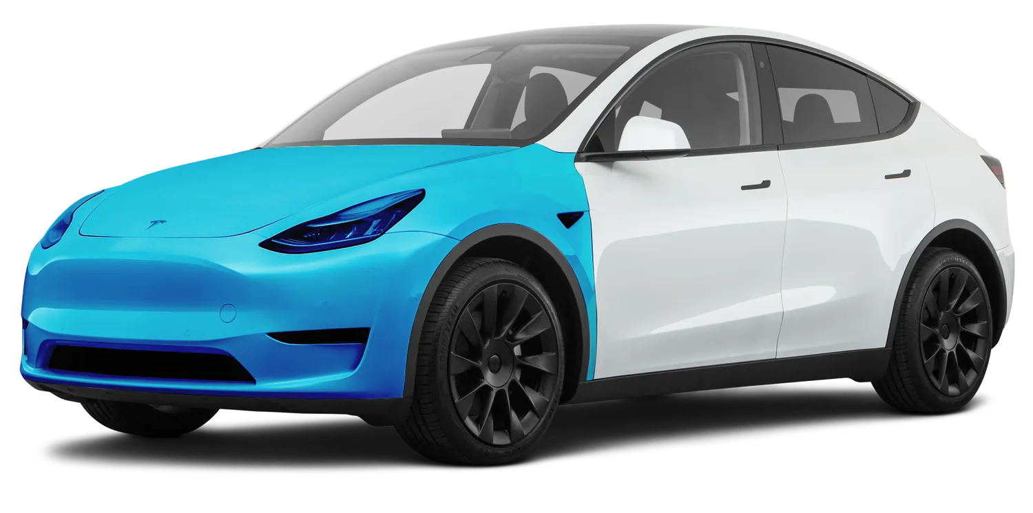 Tesla Model Y diagram showing full front PPF coverage on the hood, bumper, fenders and mirrors