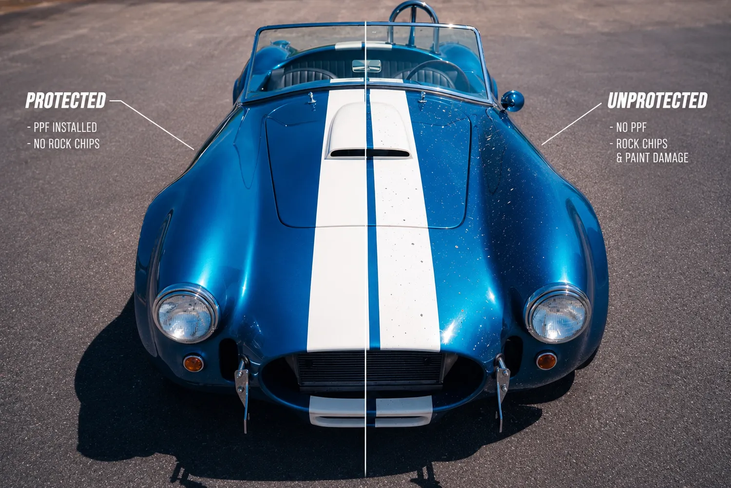 Shelby Cobra split down the middle: protected side with PPF and no rock chips, unprotected side with chips and paint damage