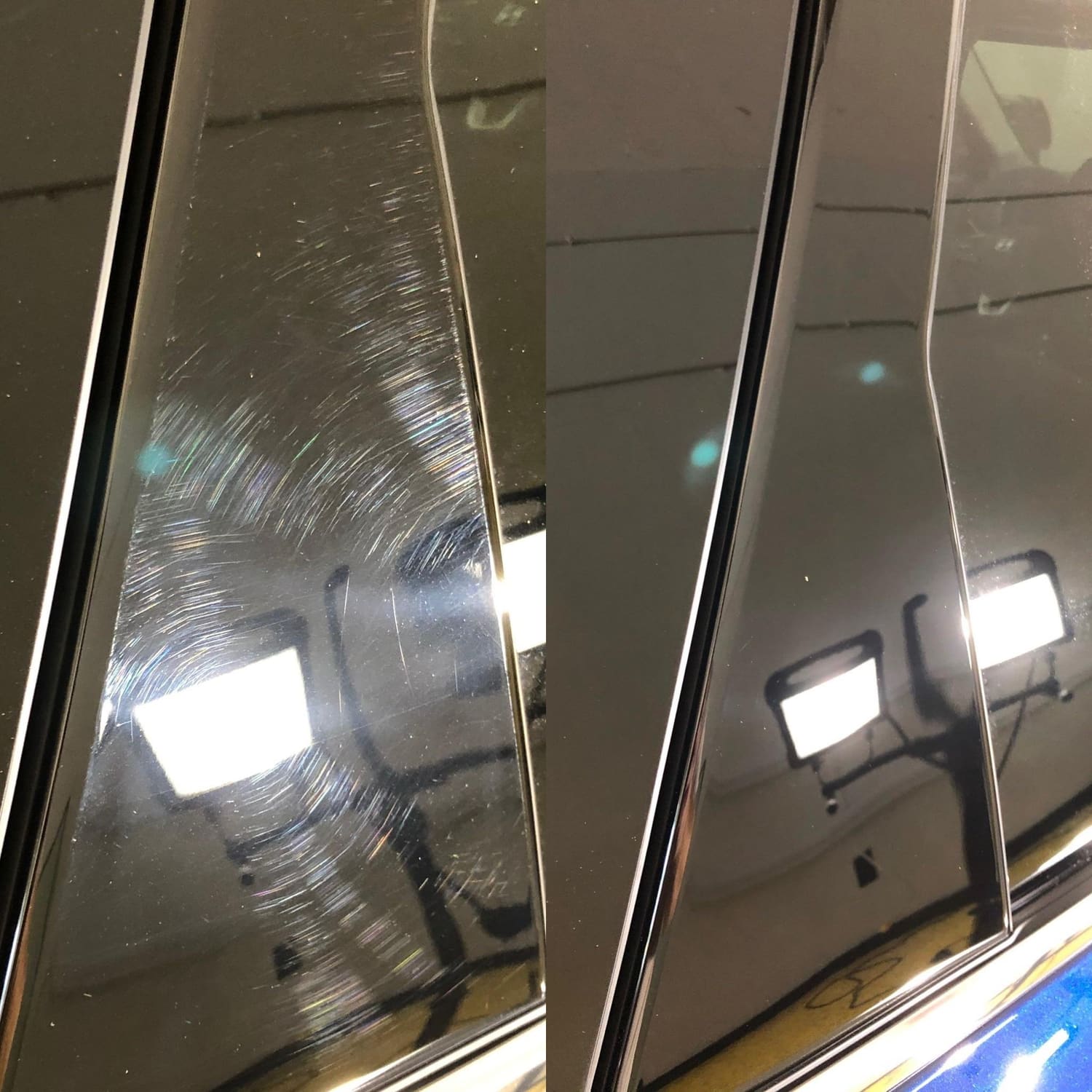 Side-by-side comparison of a black, reflective surface with and without scratches; left side shows visible scratches, right side appears smooth and polished.