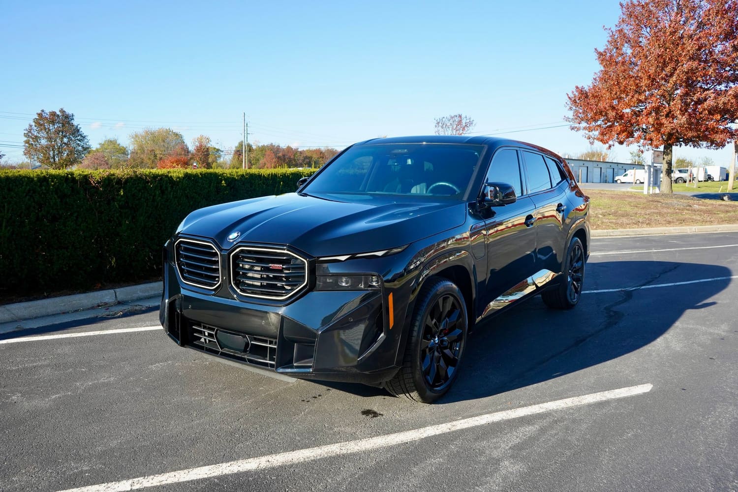 A black SUV parked in a parking lot with a hedge and trees with fall foliage in the background.