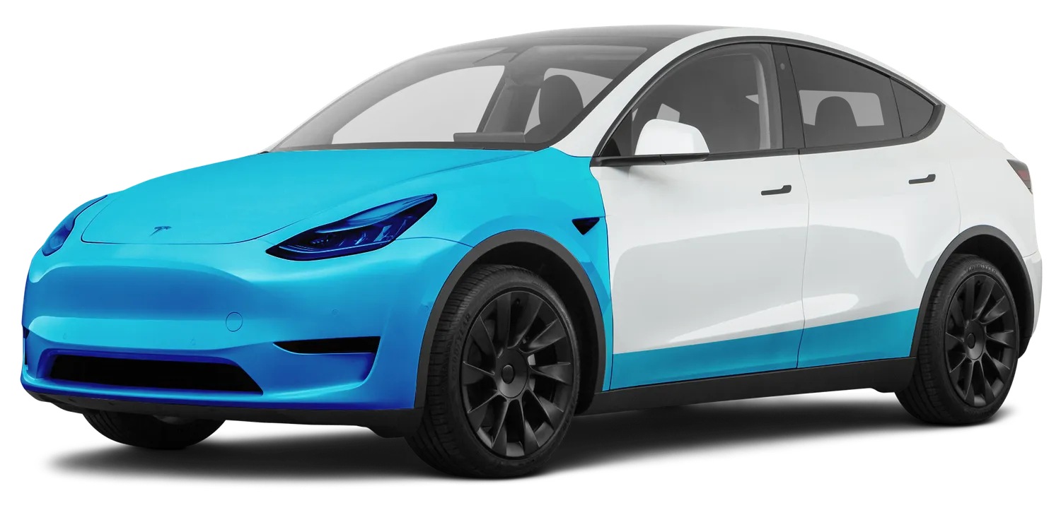 A Tesla Model Y electric vehicle with a blue front half and white rear half, featuring black wheels and sleek headlights.